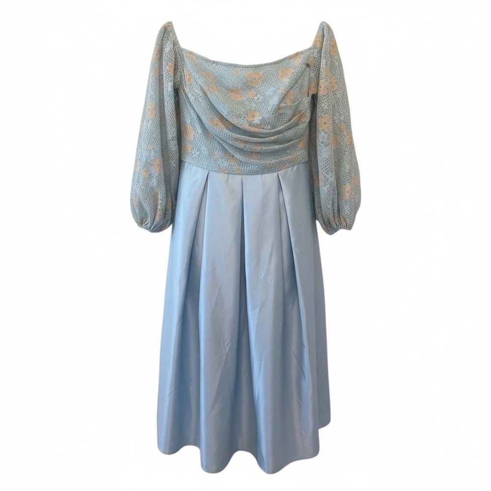 SHEIN Light Blue Floral Long Sleeve Dress with Satin skirt
